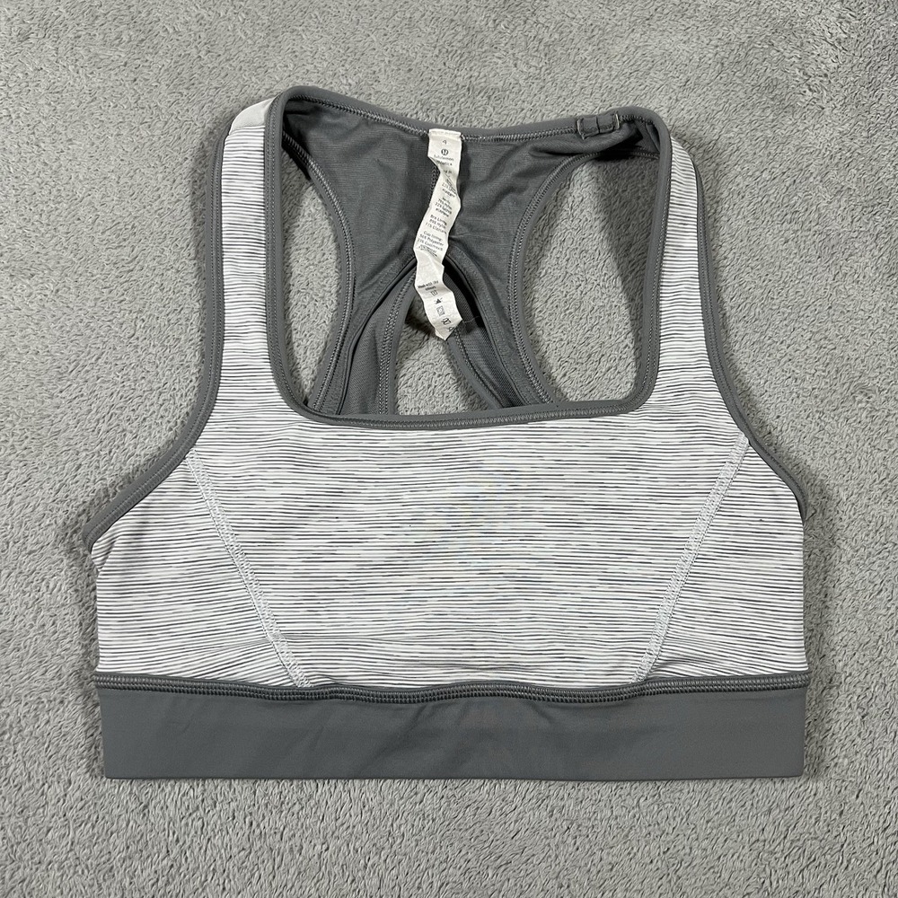 Lululemon Sports Bra Womens 4 Gray White Open Back Athletic Performance Gym